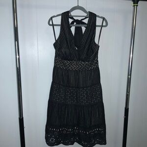 BCBGMaxAzria black cotton eyelet lace overlay halter dress Sz 8 lined side zip
